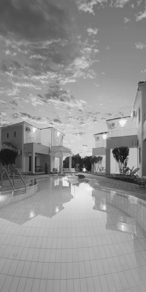 Black and white image of Resort Villas with pool